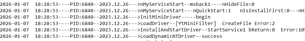 Figure 48 - ServiceEx.log Entries Showing Driver Loading and Service Initialization