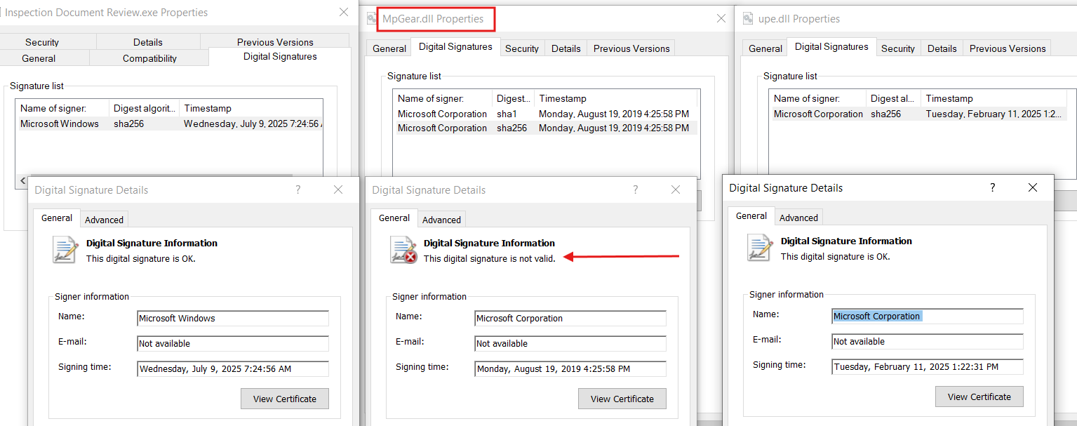 Figure 6 – MpGear.dll with Invalid Digital Signature from Microsoft Corporation