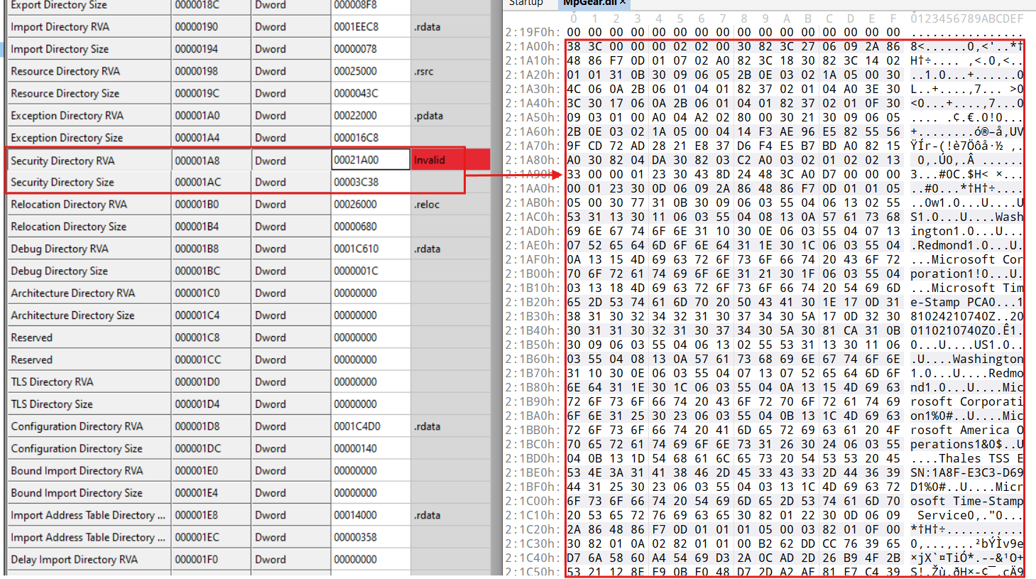 Figure 7 - Transplanted digital signature in MpGear.dll