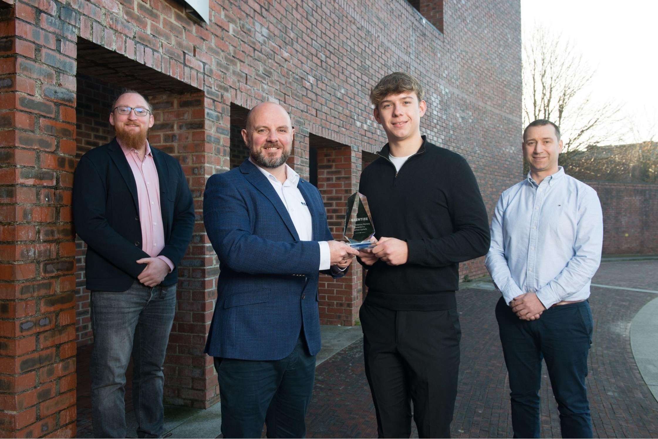 From left to right: Dr George O’Mahony, Head of Department of Computer Science, MTU; Ciaran Luttrell, Vice President of Global Security Operations, eSentire; Bartosz Lipinski, 2026 Sean Hennessy Bursary recipient; and Martin Murphy, eSentire SOC Team Lead.