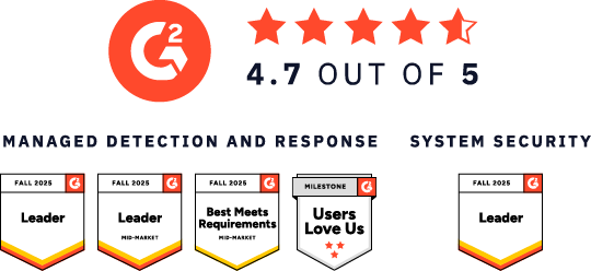 G2 Leader Mobile Badges in the MDR category showing that eSentire is recognized as one of the best SOC-as-a-Service providers.